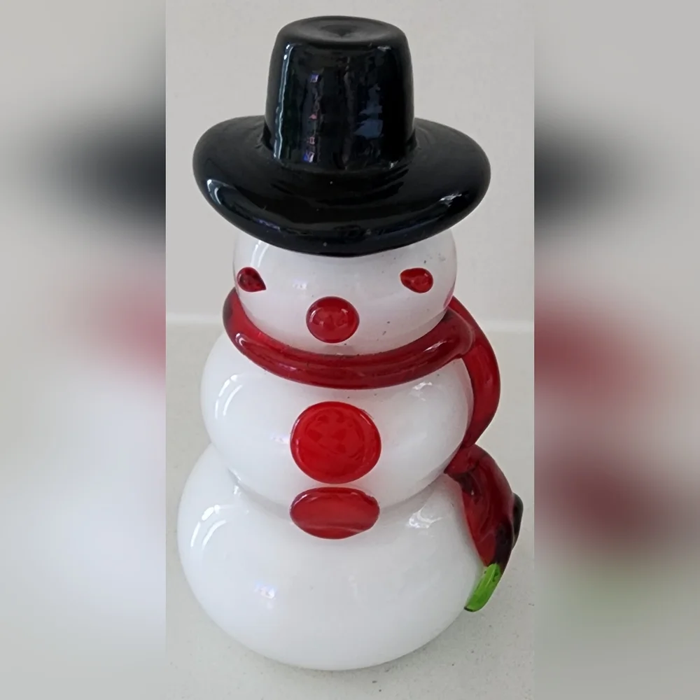 Vintage Blown Art Glass Snowman Red Green‎ Scarf Top Hat Christmas Figurine 4